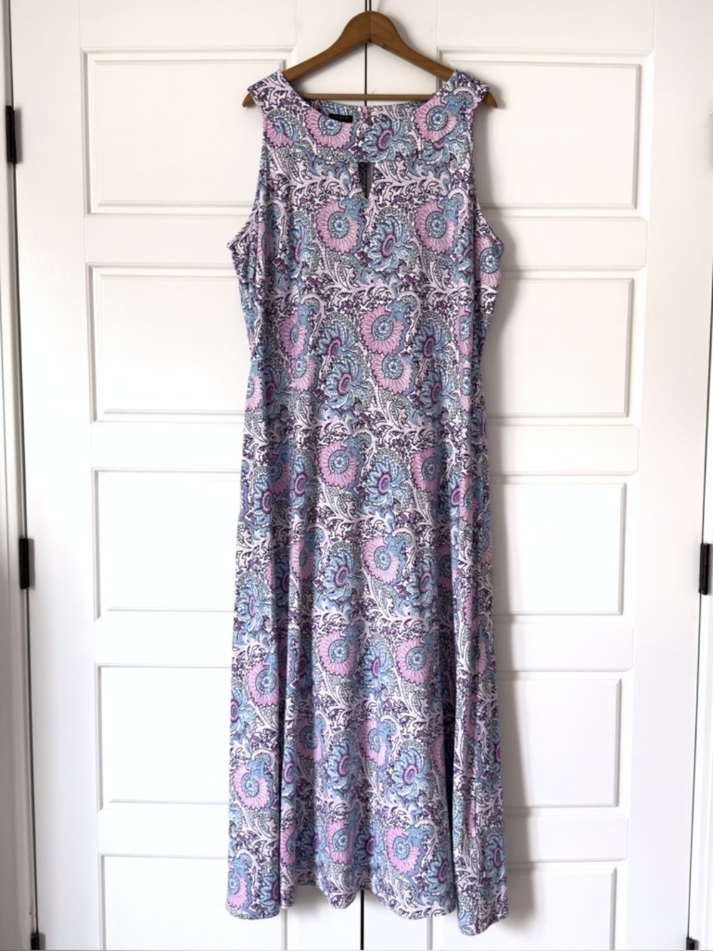 Talbots Floral Jersey Knit Maxi Dress 2X Blue Pink Sleeveless Stretch Spring